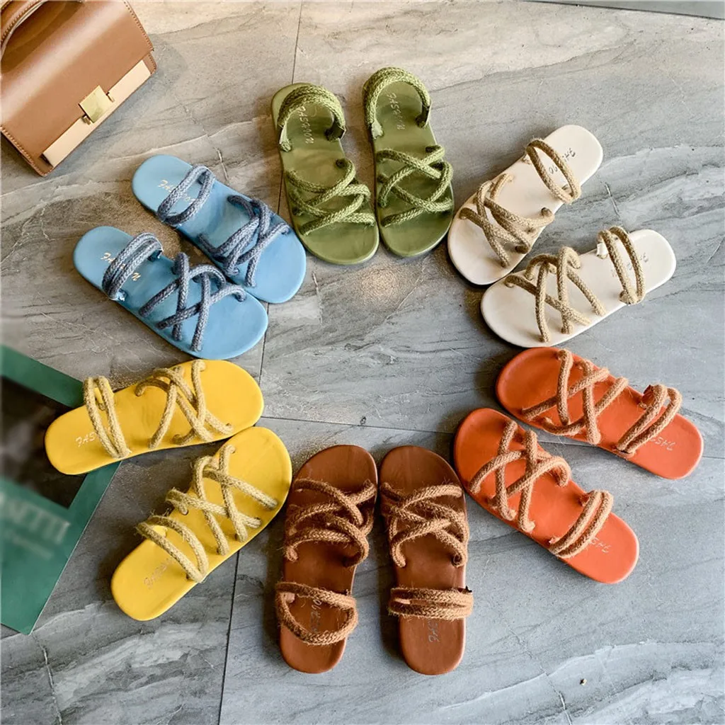 

Summer hemp rope cross solid color Slip-On Round Toe beach shoes sandals and slippers women wear Roman Flat Fisherman Shoes