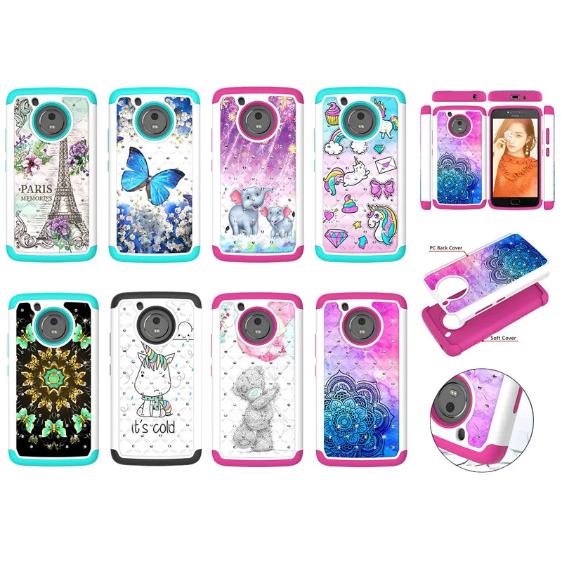 

Luxury 3D Diamond 2 in 1 PC+TPU Shockproof Case Cellular Phone Silicone Cover Shell Coque Funda for Motorola E4 US G5 E5 G6 Play