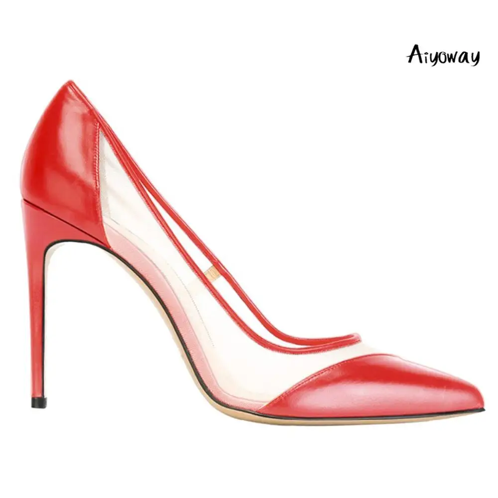 

Ladies Mesh Pointed Toe High Heels Pumps yellow bluePatchwork Autumn Spring Party Wedding Shoes Slip On Big Size Red Women Shoes