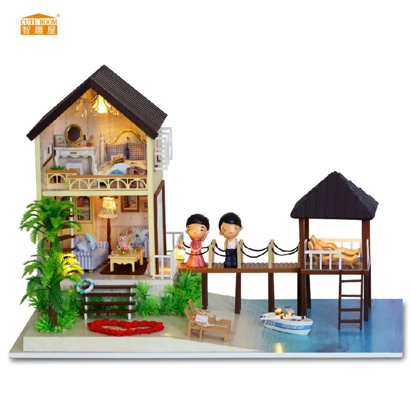 

CUTE ROOM Maldives Style Miniature Wooden Doll House With DIY Furniture Craft Fidget Toys For Kids Children Birthday Gift A-027