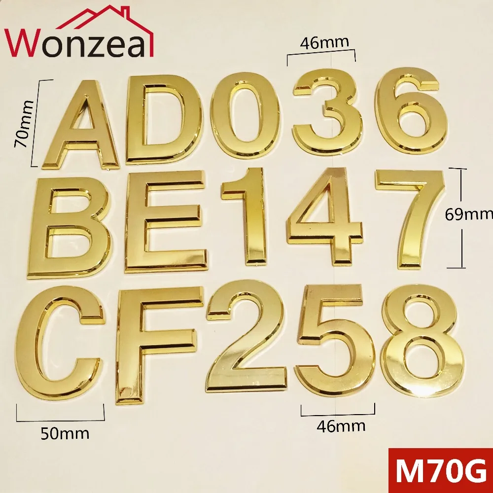 

70mm Wonzeal Golden color ABS Plastic House number Door Address Digits Numeral Plate Plaque Sign Sticker With 3M Glue