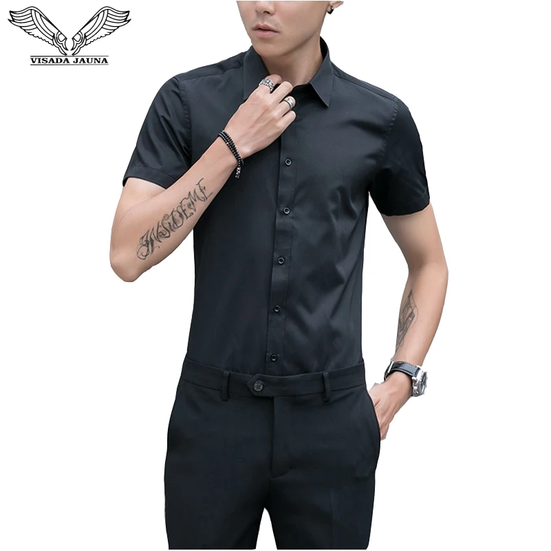 

VISADA JAUNA 2019 New Men's Short-Sleeved Shirt Soild Color Business Slim Fit Wrinkle Resistance Male Brand Big Size 5XL N5103