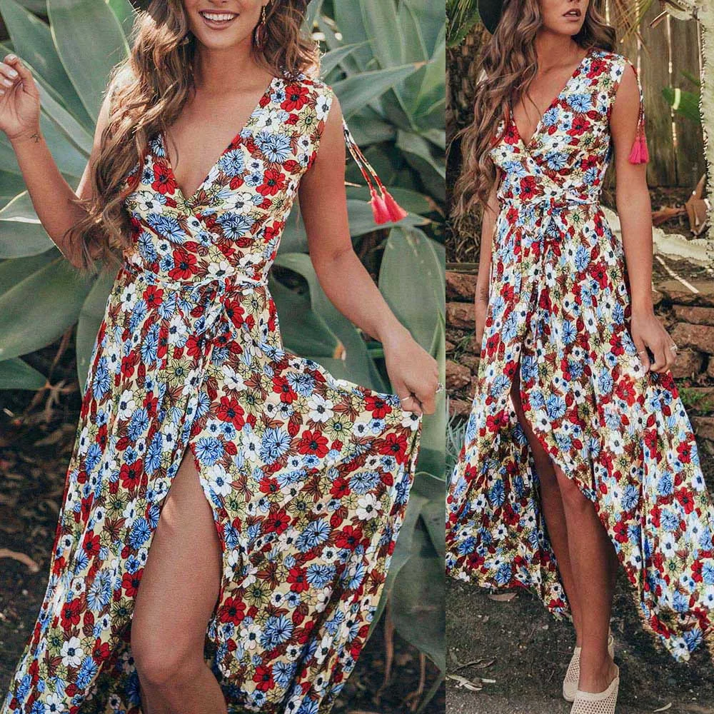 

2019 New summer Women Floral Printed Bohemia Beach V-Neck Lace-up Long Maxi Cardigan V-neck Dress