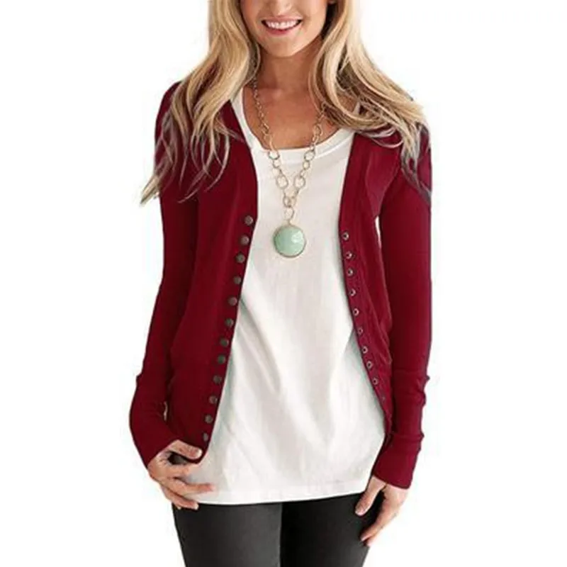 

Spring Cardigans Pure Color V-collar Long-sleeved Button Card Top Solid White Red Green Women Sweater Sweet Regular Jacket