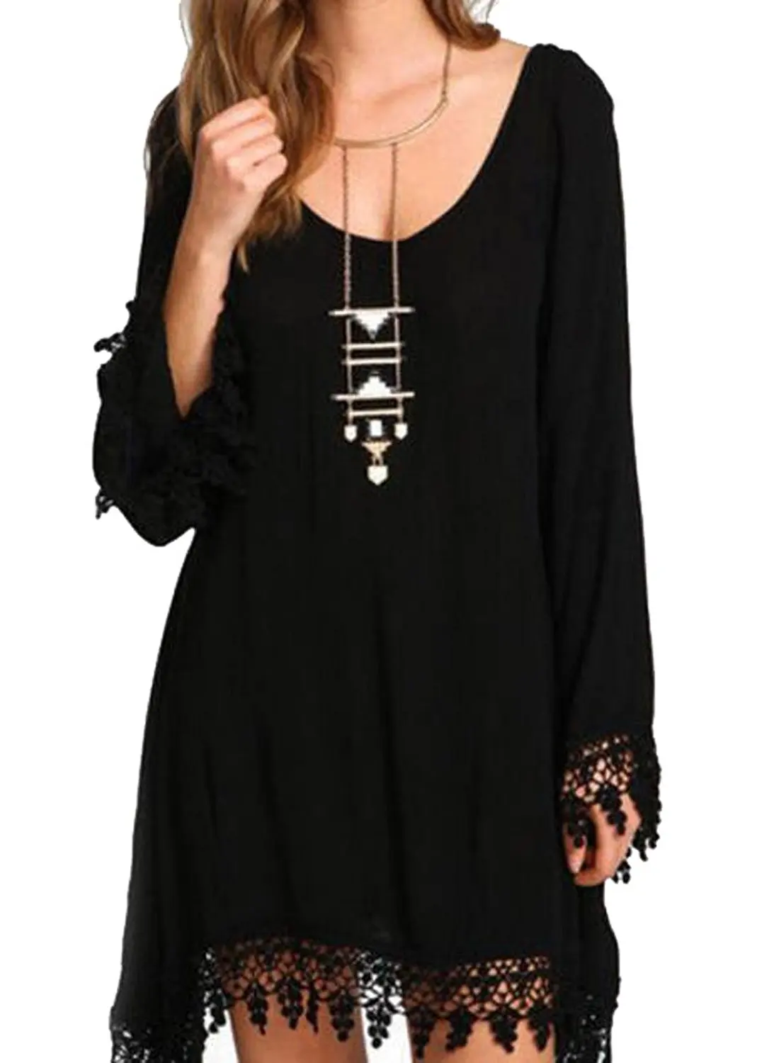 Abetteric Womens Beach Chiffon Long Sleeve Tassel Loose T-Shirts Dress | Женская одежда