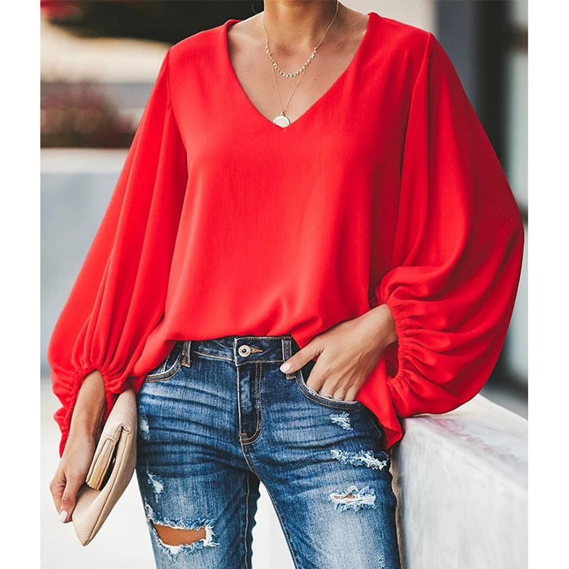

3XL plus size blouse women puff sleeve solid color womens tops and blouses Summer 2019 v neck casual loose top blusas mujer