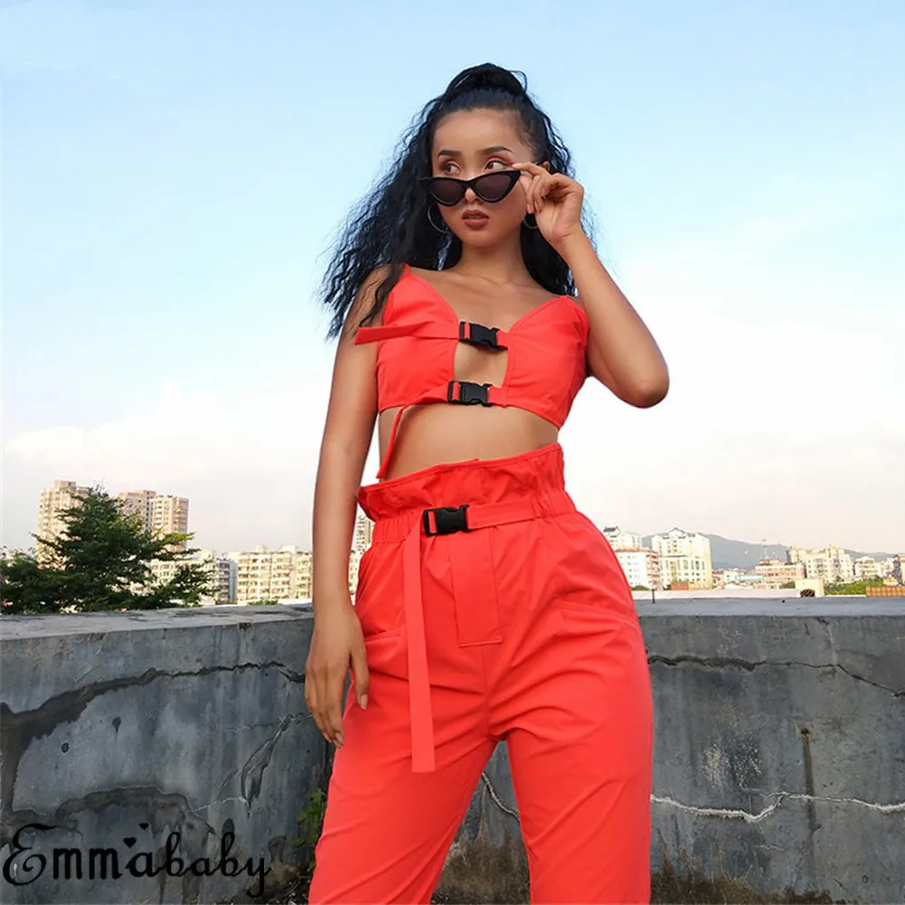 

Fashion Women 2Pieces Sets Clothes Crop Top Tank Top +Long Cargo Pants Set Overall Orange Tracksuit Outfits 2019 New