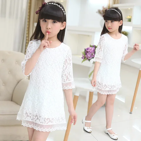 Vestido de Renda Vestido de Princesa Anos de Idade do Bebê Roupas de Menina Crianças 2018 Novo Verão Outono Tamanho Grande Branco Meninas 3 4 6 8 10 12 14 16 18