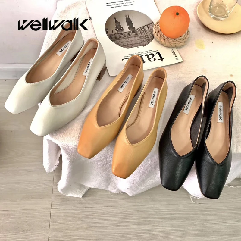 

Wellwalk Classics Shoes Women Pumps Wooden Square Heels Ladies Sheepskin Leather PU Season Moccasins Square Toe Chaussures Femme