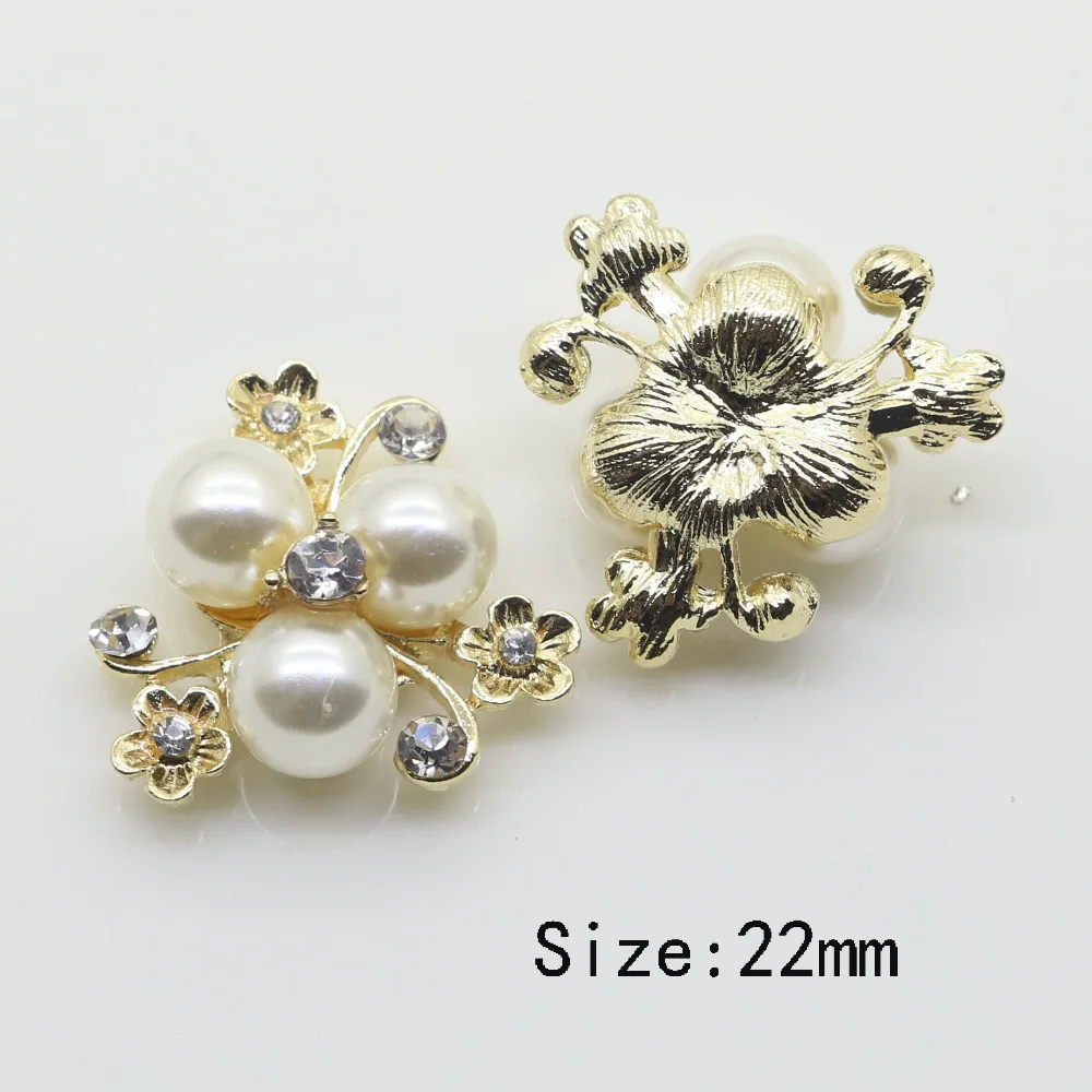 

New 10pcs 22MM Flower round Pearl buttons shiny rhinestone buttons golden metal clothing button hair flower center scrapbooking