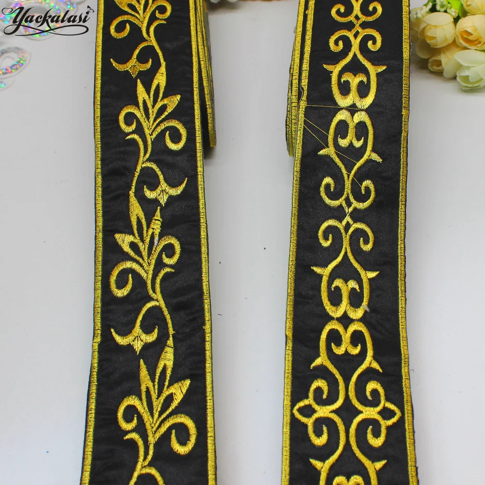 

YACKALASI 6 Yds/Lot Gold Black Band Ribbon Metallic Golden Embroidered Braid Belt Lace Iron on gold and silver Trims 5cm