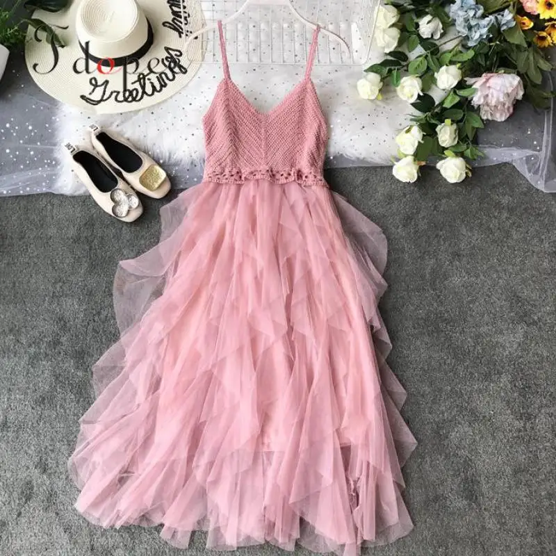

2019 Summer Women Dress Sexy Beach Sweet Mesh Stitching Knitted Spaghetti Strap V-neck Cake Vestidos Solid Color Plus Size Dress