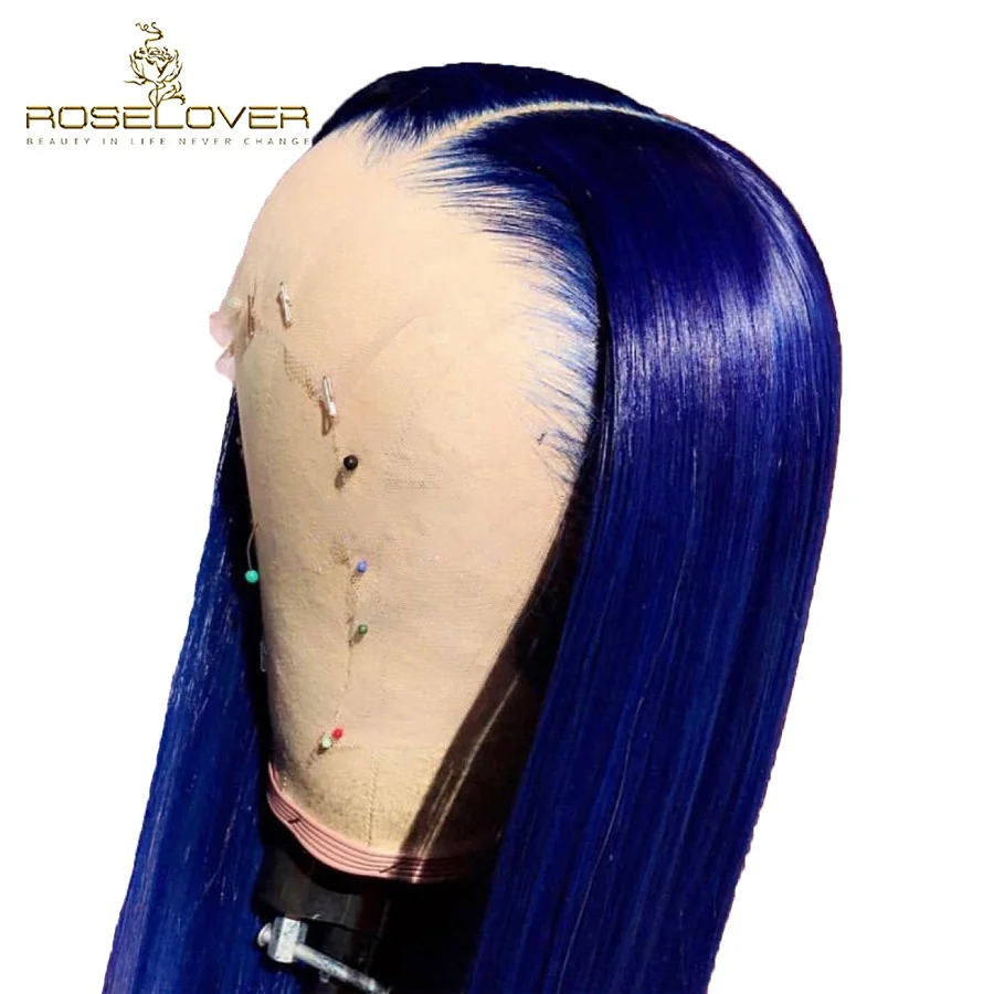 Transparent Lace Colored Blue 13*6 Lace Front Human Hair Wigs Straight Brazilian Remy Lace Front Wig Pre Plucked Bleached Knots