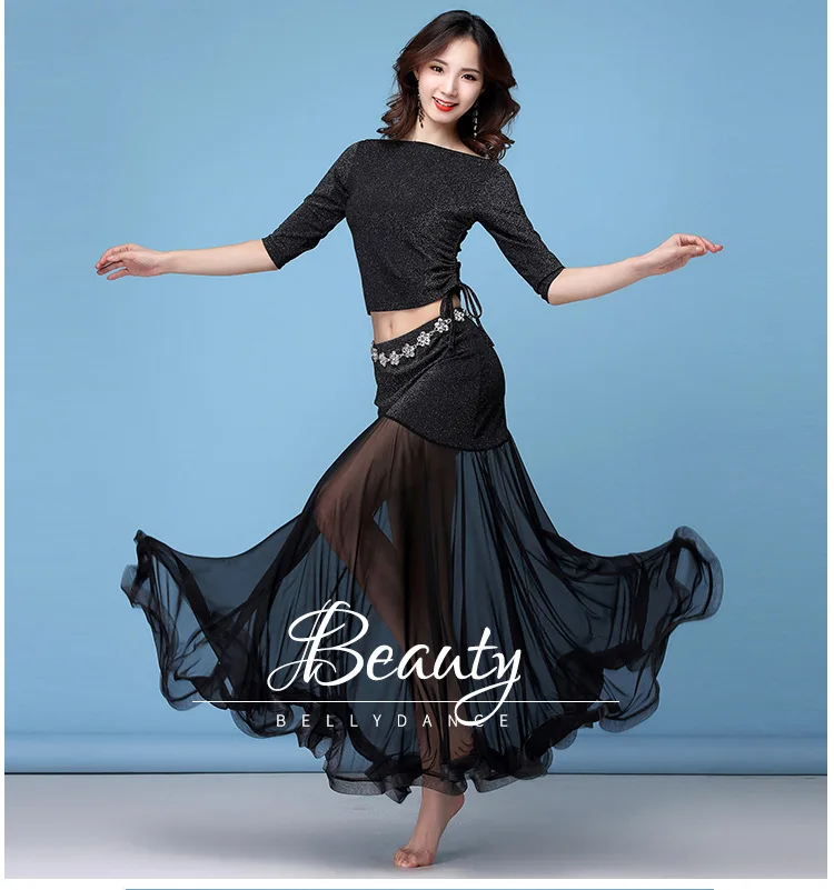 New Fashion Women Belly Dance Clothing Stretchy Shinny Fabric Off Shoulder Ruffles Maxi Long Skirts Bellydance Costume Set 2pcs