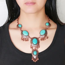 Women Natural Stone Jewelry Silver Carving Flower Necklace Round Stones Pendant Tassel necklace&Holiday gift
