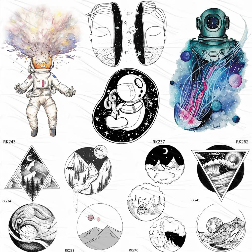 

OMMGO Astronaut Jellyfish Outspace Temporary Tattoos Sticker Universe Fake Tattoo Galaxy Body Art Custom Tatoos For Women Men