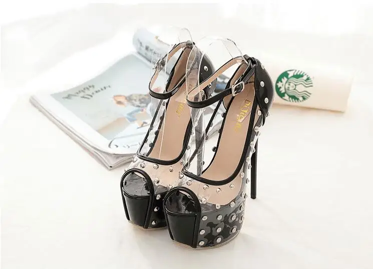 DijiGirls new Fashion Transparent Sexy Rivet 16 Open Toe High Heels pvc clear crystal transparent ultra very high heel shoes box