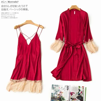 

Ladies Sexy Silk Satin Robe Gown Set Lace Bathrobe Set Fashion Robe+Nightdress 2 Pieces Summer Sleepwear Nightwear For Women