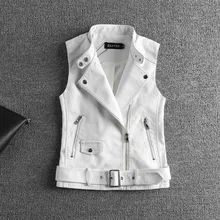 Однотонный жилет из искусственной кожи белого цвета с карманами на молнии и отложным воротником; Chaquetas De Cuero Mujer; куртка без рукавов из искусственной кожи с поясом на талии