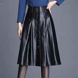 Женская юбка из искусственной кожи, коллекция 2018 года, Осень-зима, новая модная Однотонная юбка трапециевидной формы, однобортная юбка из