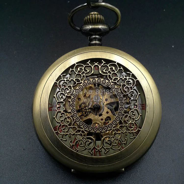 

Bronze Tone Men's Skeleton Engraved Wind Up Mechanical Pocket Watch W/ Chain New Nice Xmas Gift Wholesale PriceH055