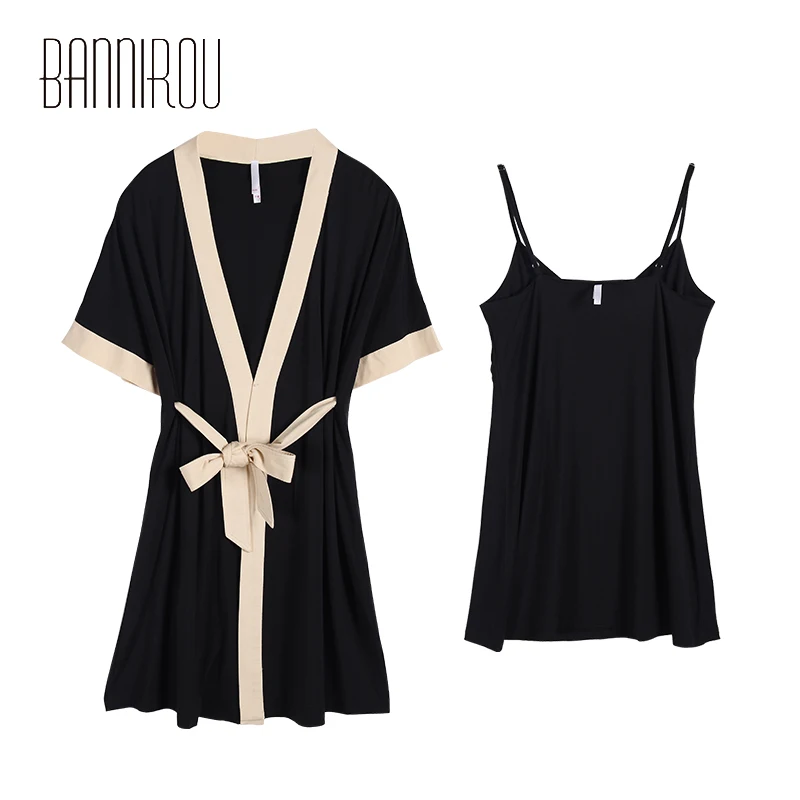 

2 Pcs Woman Robes Sets Sexy Female Bathrobes Gowns Nightgowns Home Suit Sleep Wear Modal Robes Slips Suits 2019 Autumn BANNIROU
