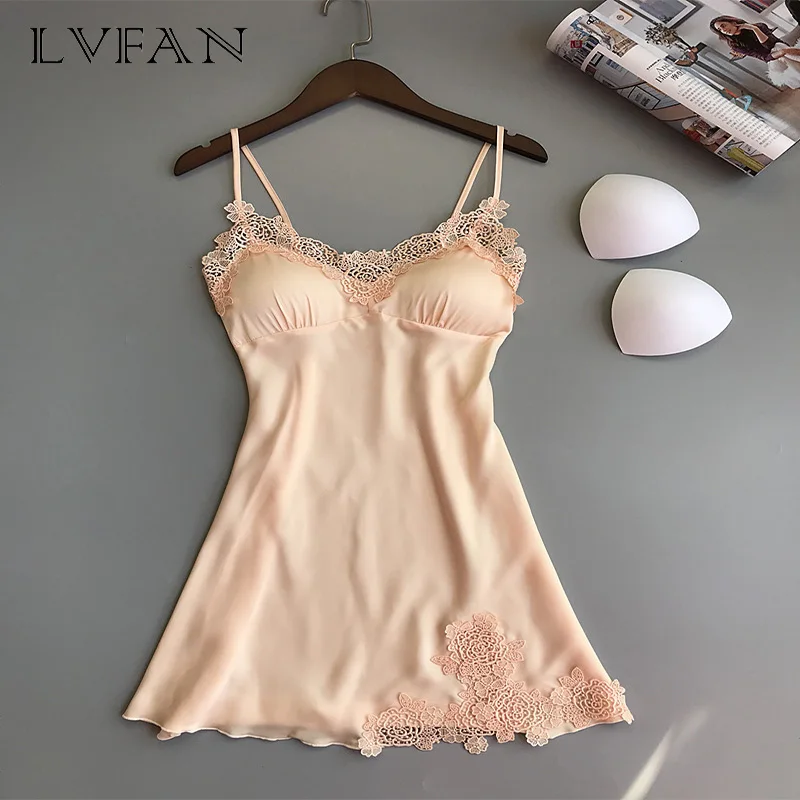 

sexy ladies breathable pajamas women silk sexy condole belt nightdress embroidered lace removable bra leisure wear LVFAN ARM-018