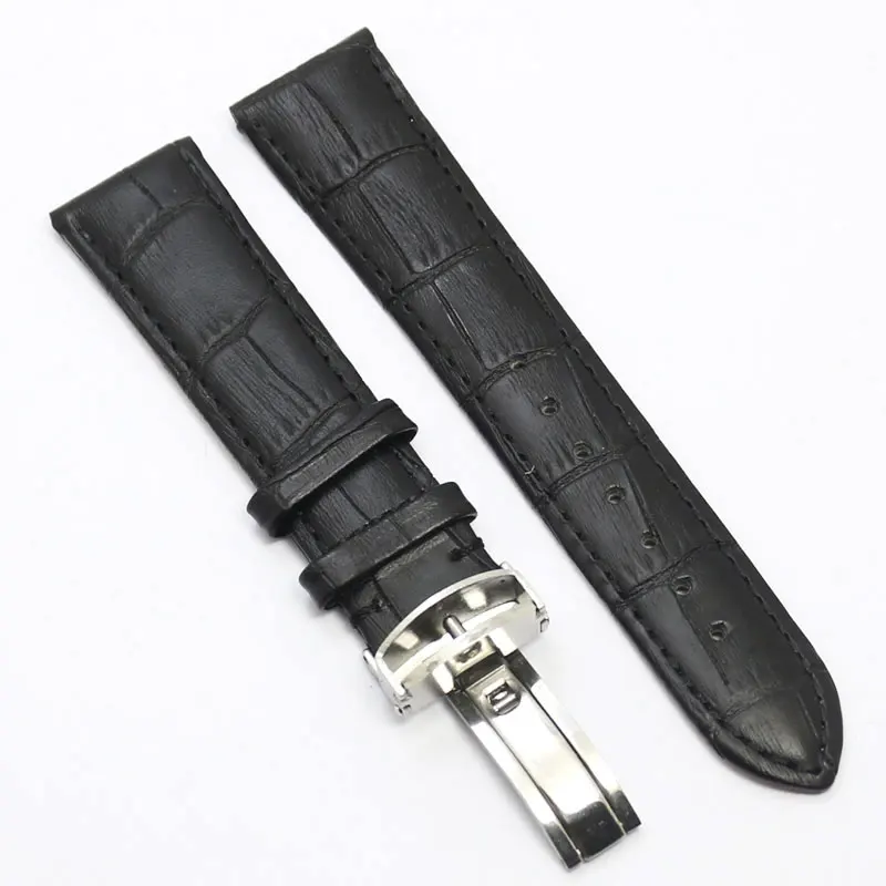 18/20/22mm Durable Black Genuine Leather Deployant Watch Band Strap