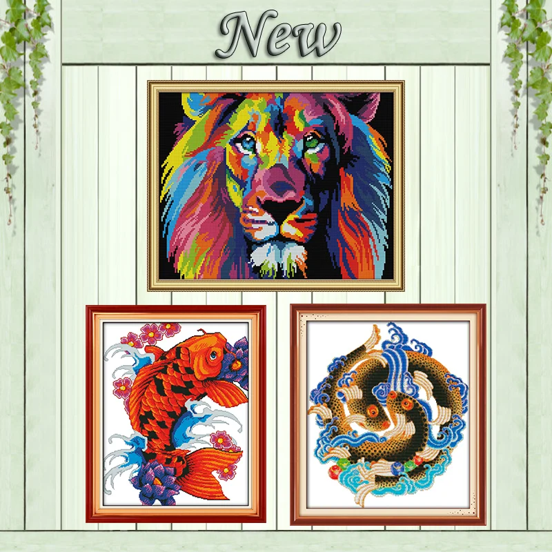 

Coloured lion fish animal diy cartoon painting counted print on canvas DMC 14CT 11CT Cross Stitch Needlework Set Embroidery kits