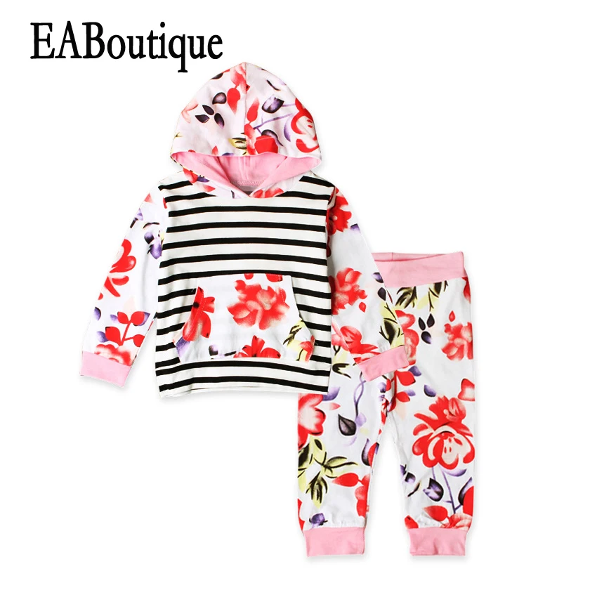 

EABoutique winter girls clothes long sleeve Flower pattern with striped hoodie sweatshirt with pants fashion tracksuit
