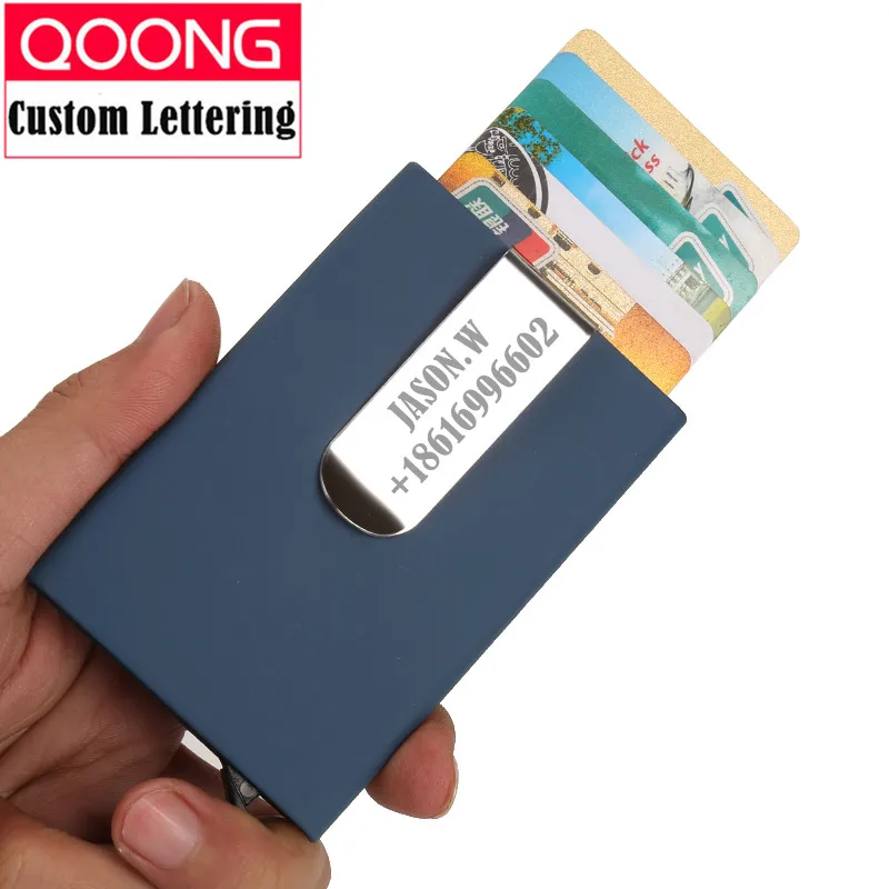 

QOONG Rfid Card Wallet Automatic Pop Up ID Credit Card Holder Men Women Business Card Case Stainless Steel Metal Clip KH1-005