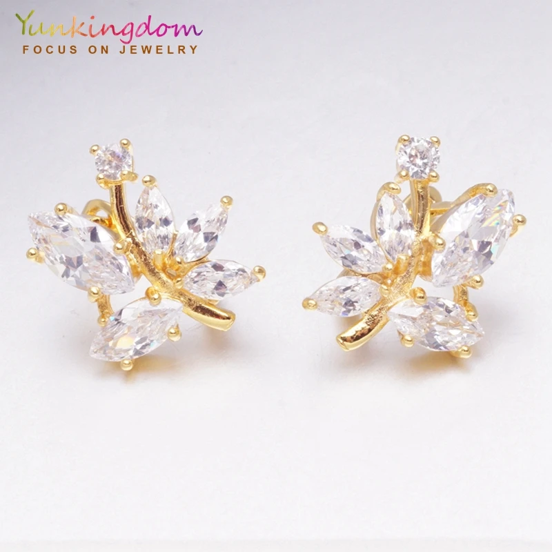 

Yunkingdom wholesale leaf design original gold color hoop earrings for women crystal high quality luxury jewelry