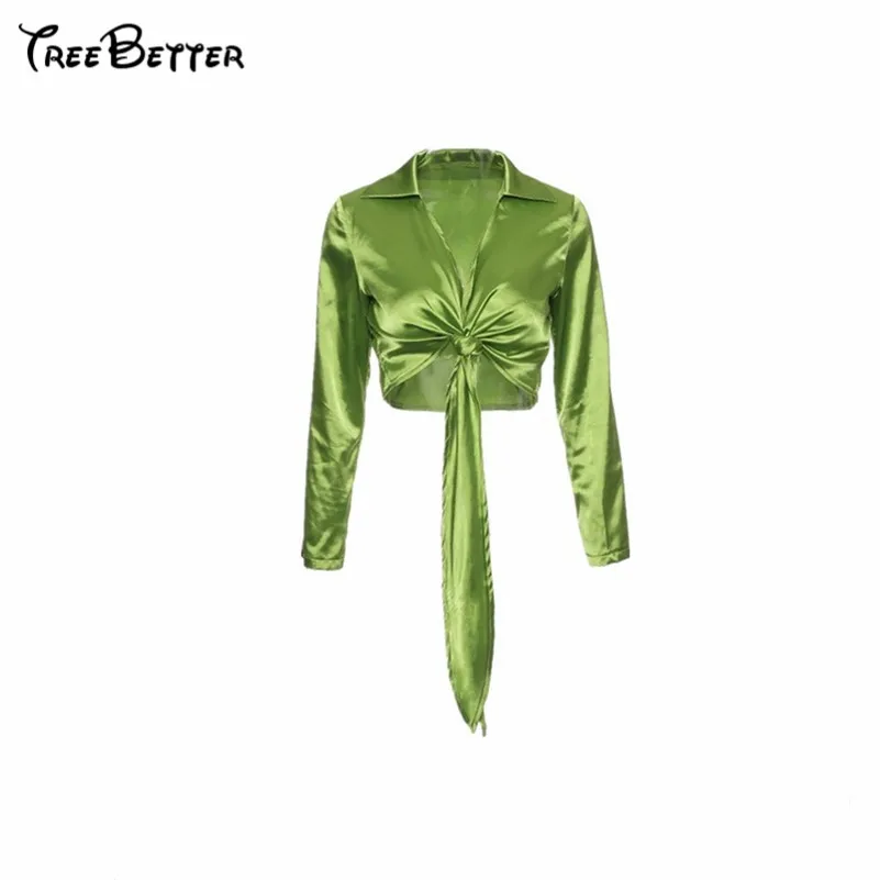 

Strench Satin Bow Long Sleeve Crop Tops Women Sexy Summer Turn Down Collar Casual Blusas 2019 Neno Green