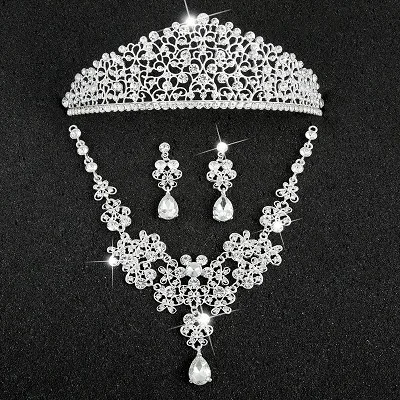 Hot Sale Sliver Plated Rhinestone Crystal Necklace+Earrings+Tiara 3pcs Jewelry Set For Bride Bridal Wedding Accessories (19)