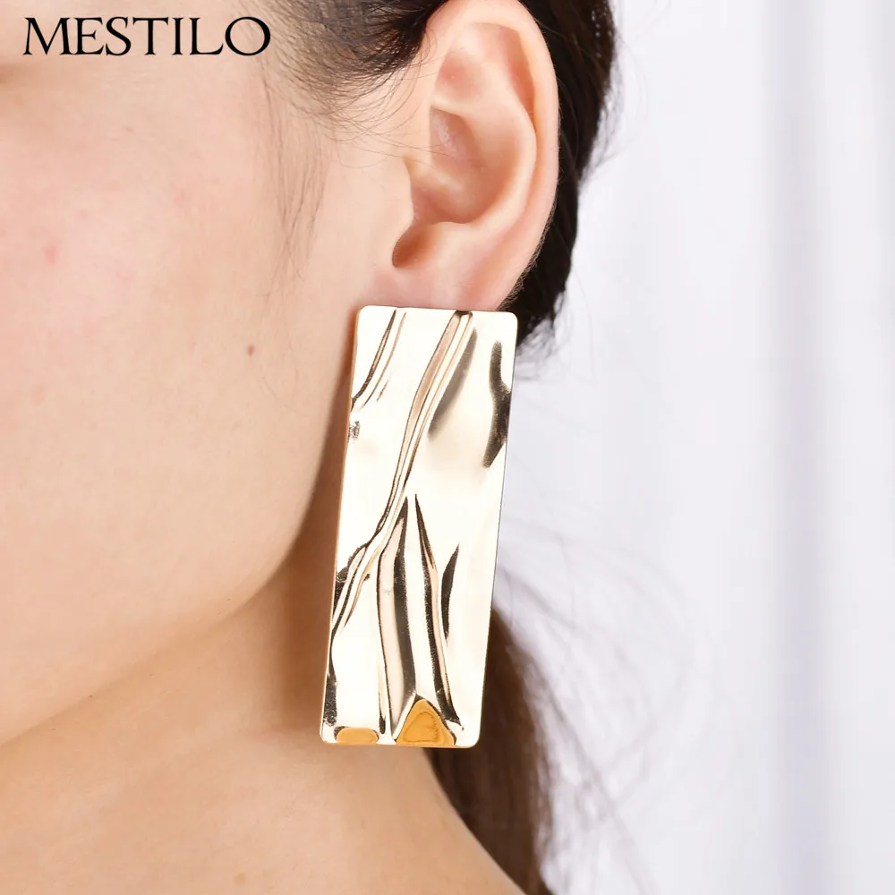 Mestilo Exaggeration Punk Geometric Big Square Gold Metal Drop Earrings For Women Statement Long 