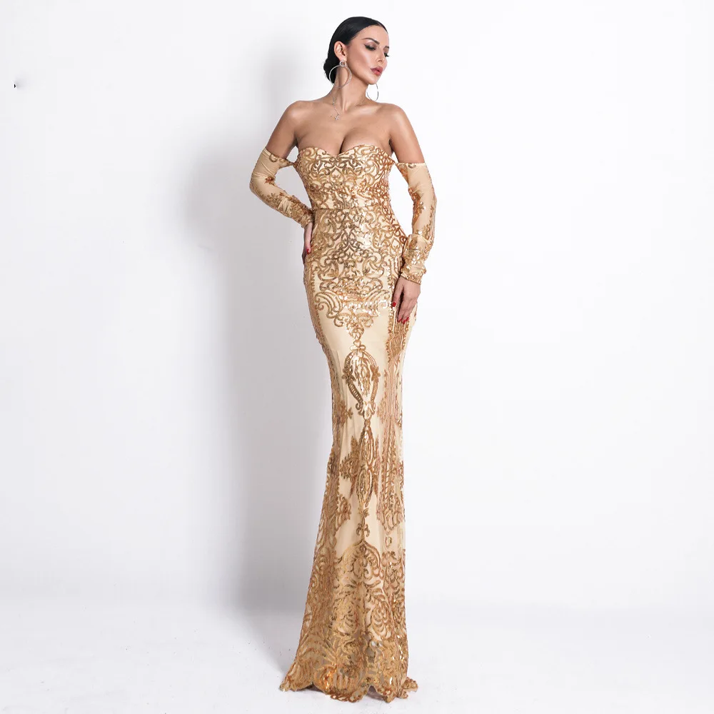 

Sexy Elegant Vestidos Gold Slash Neck Sequin Shiny Open Back Banquet Dress For Women Long Party Women Dress vestidos de fiesta