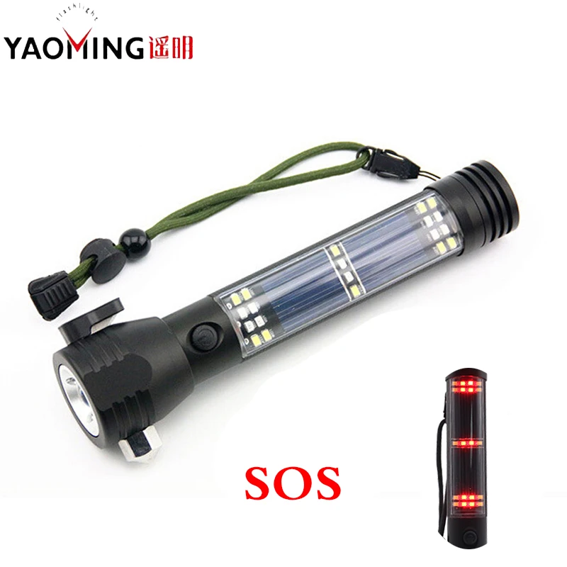 4000LM Rechargeable Multifunction Emergency Torch Lights USB Power Bank Led Solar Flashlight With Safety Hammer Compass Magnet