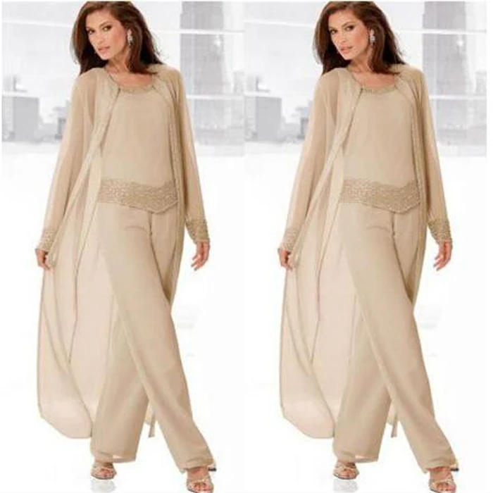 

2016 Spring Custom Made 3 Piece Long Sleeve With Jacket Beaded Chiffon Mother Of the Bride Pant Suit Plus Size