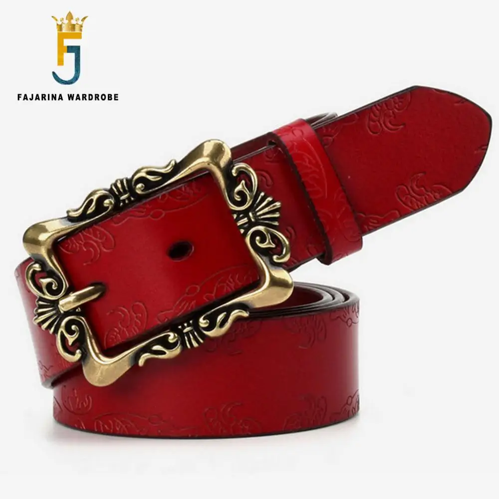 FAJARINA Quality Cowhide Ladies 100% Cow Skin Leather Female Belt Floral Pattern Retro Clasp Styles Belts for Women 33mm LDFJ102 la spezia pin buckle belt for women coffee real leather belt female vintage ethnic genuine leather cowhide ladies jeans belts