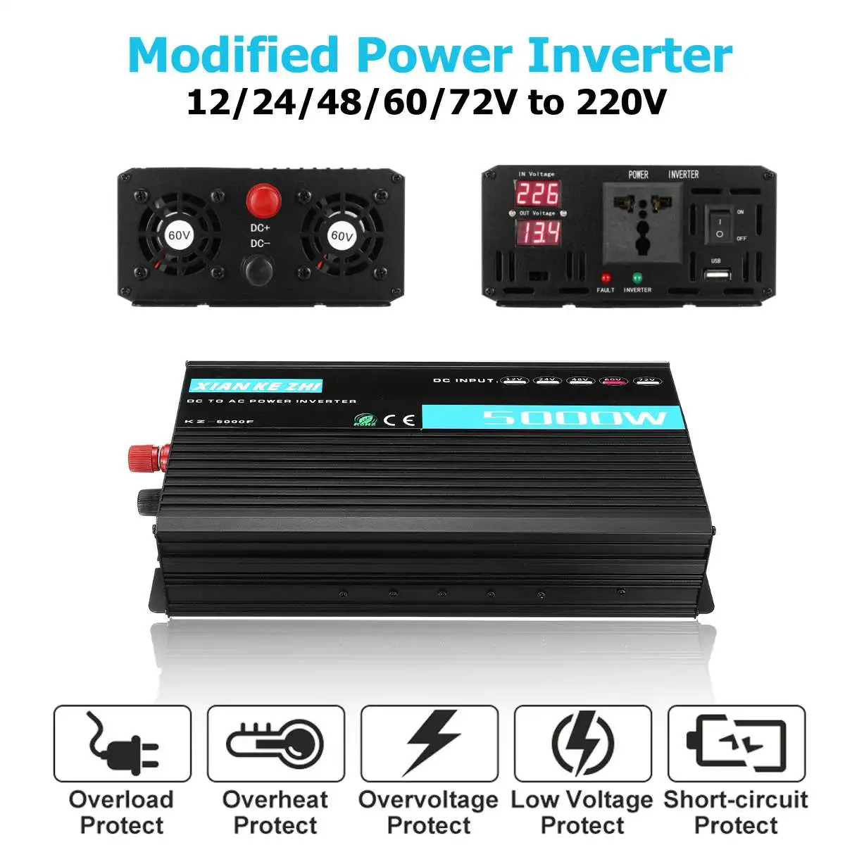 

Multifunction 5000W Intelligent Modified Power Inverter 12/24/48/60/72V TO 220V Double Digital LED Display