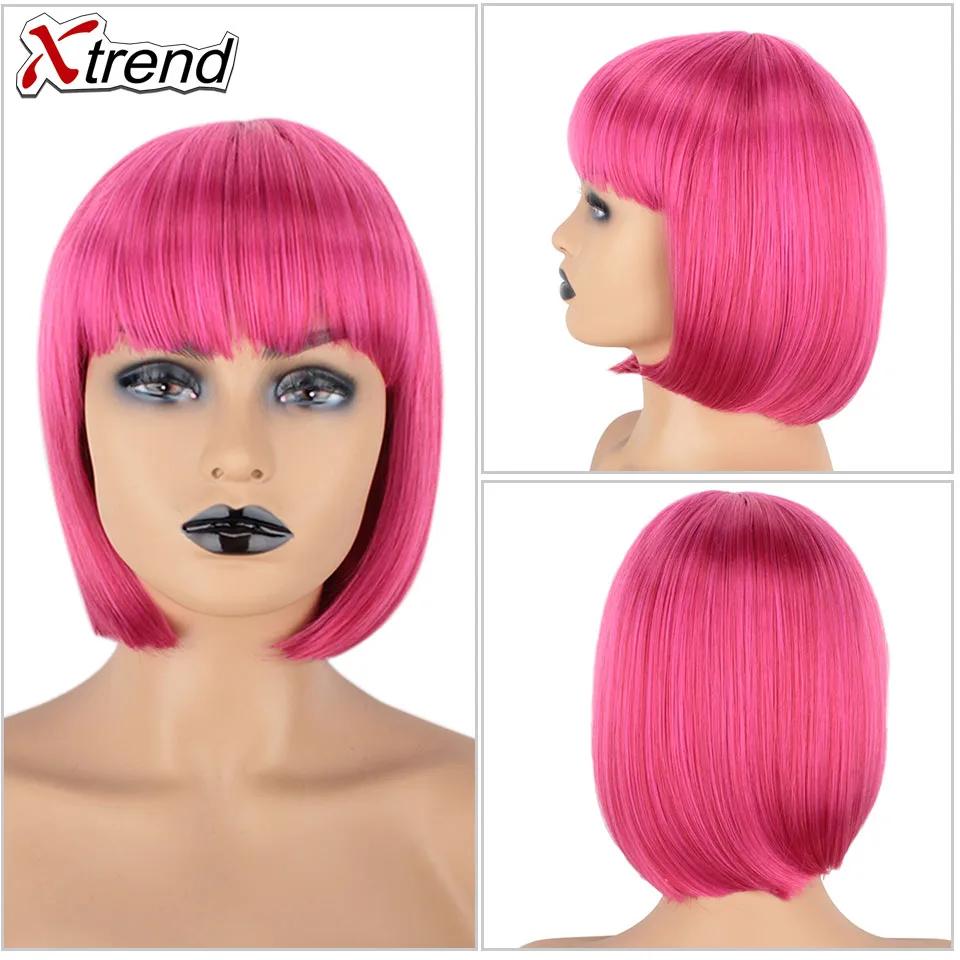 Xtrend Short Wig Perruque Wigs With Bangs For Black Women Peruca Synthetic Black Pink Grey Straight Hair Bob Style Pelucas