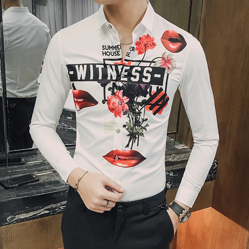 17 Весна Новая мода пламя красные губы печать мужская с длинными рукавами платье в Корейском стиле рубашка 1610 белый p55