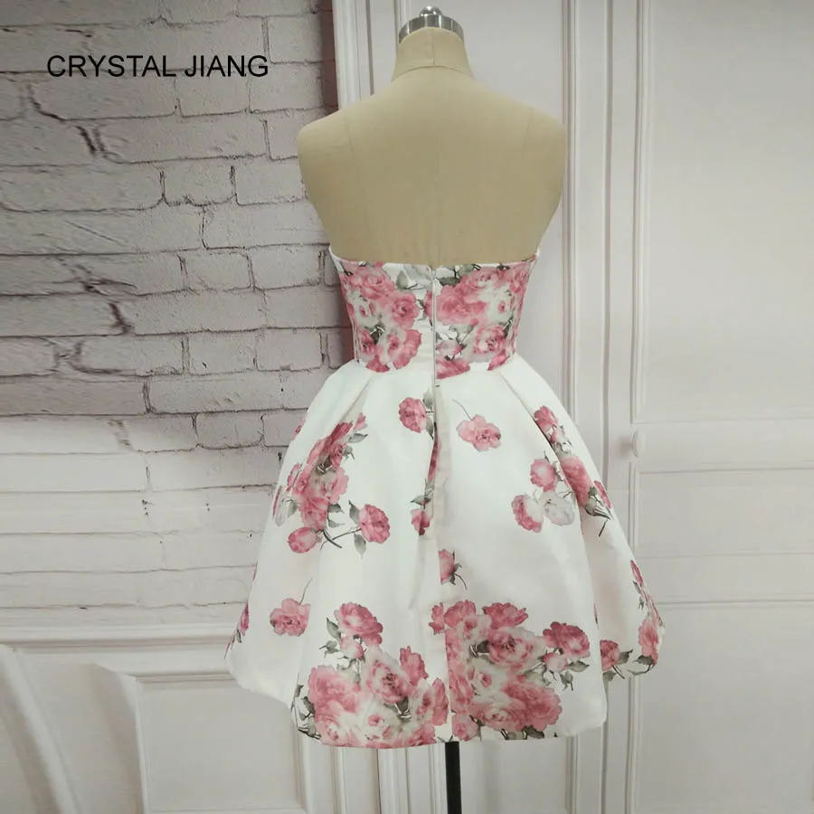 Simple Design Sweetheart Vestido Coctel White Floral Printed Natural Waist Short Party Gown