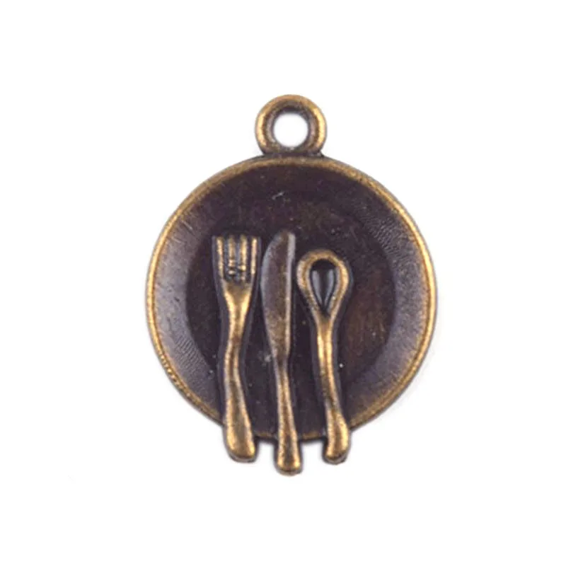 Wholesale Plate knife fork spoon Pendant Retro Bronze Leather Chain Style Necklace Pendant Alloy