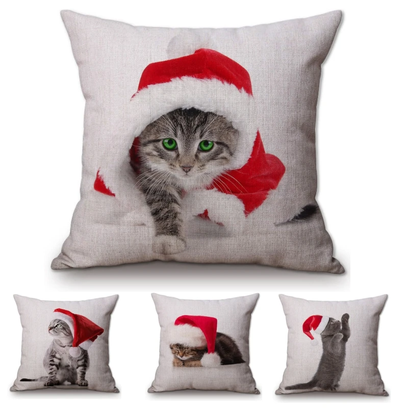 18" Santa hat and cat Cotton Linen Home Décor Sofa Pillow Case Cushion Cover 