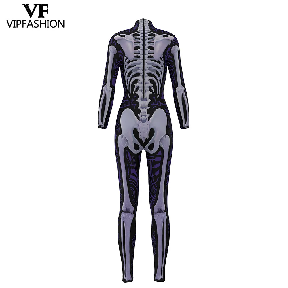 VIP FASHION Carnival Purim Party Cosplay Bodysuit Women Sexy Skeleton Printed Jumpsuit Rompers Costumes For Ladies