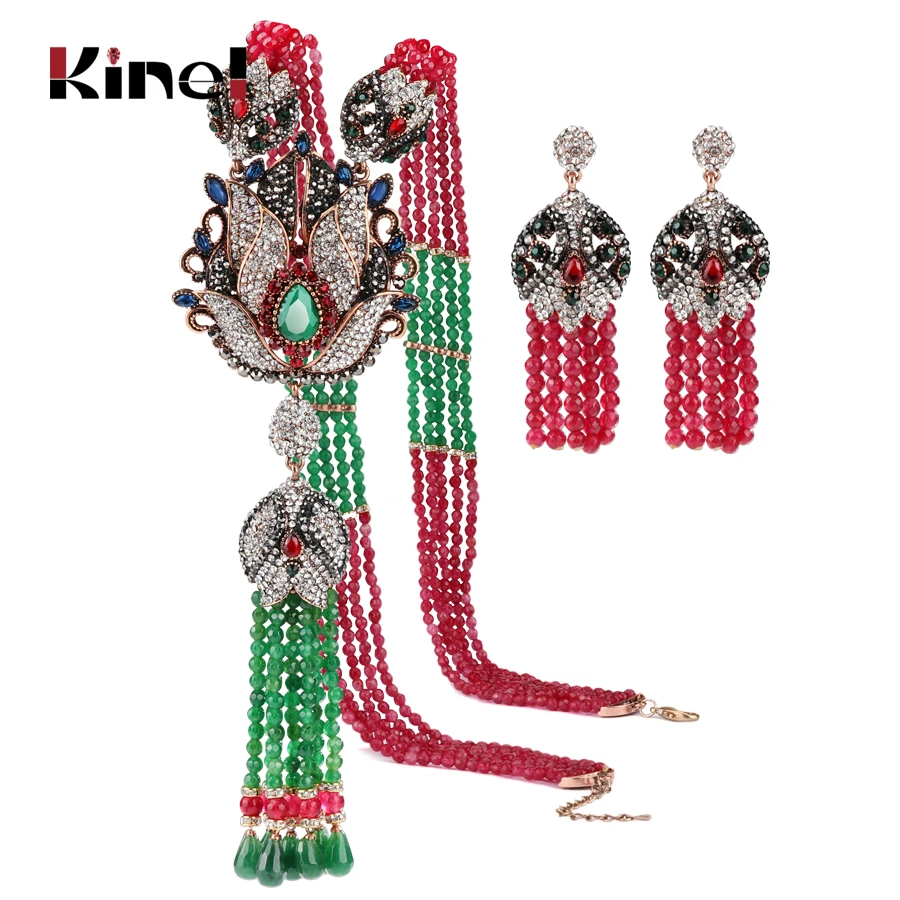 Kinel Natural Stone Tassel Necklace Crystal Flower Drop Earrings For Women Vintage Jewelry Set Antique Gold Luxury Party Gift Kinel Natural Stone Tassel Necklace Crystal Flower Drop Earrings For Women Vintage Jewelry Set Antique Gold Luxury Party Gift