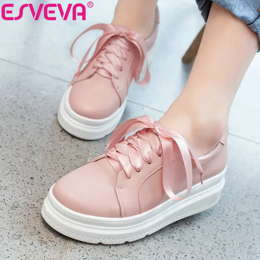 

ESVEVA 2019 Lace Up Women's Vulcanize Shoes Lace Up Round Toe Shoes Med Heel Western Style Platform Women Shoes Pumps Size 35-43