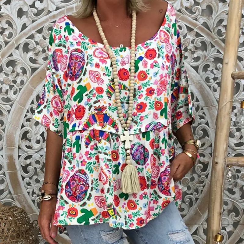 

Plus Size 5XL Floral Print Tunic Women's T-shirt Tops 3/4 Sleeve O-Neck TShirt Women 2019 Summer New Boho Vintage Woman T-shirts