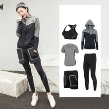 Yoga Set Women Plus up Gym Clothing Sports Bra+Pants+Shirt+Short+Jacket 5 Pcs Breathable Fitness Running Exercise Tracksuits